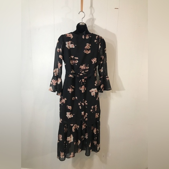 Sassafras Black and Pink Floral Wrap Maxi Dress Lined 3/4 Bell Sleeves Medium - Picture 2 of 7